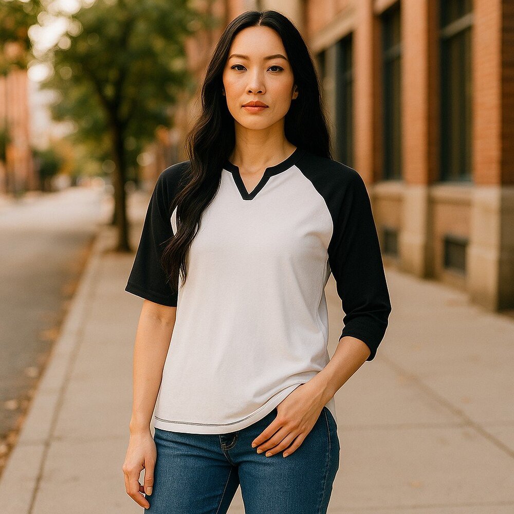 SJB ACTIVE White and navy Blue Raglan Sleeved Top Ladies MEDIUM